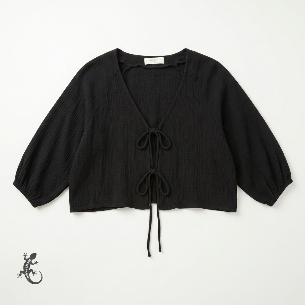 Commense Cropped Tie Front Top M Black Cotton Gauze Boho Cottagecore Minimalist